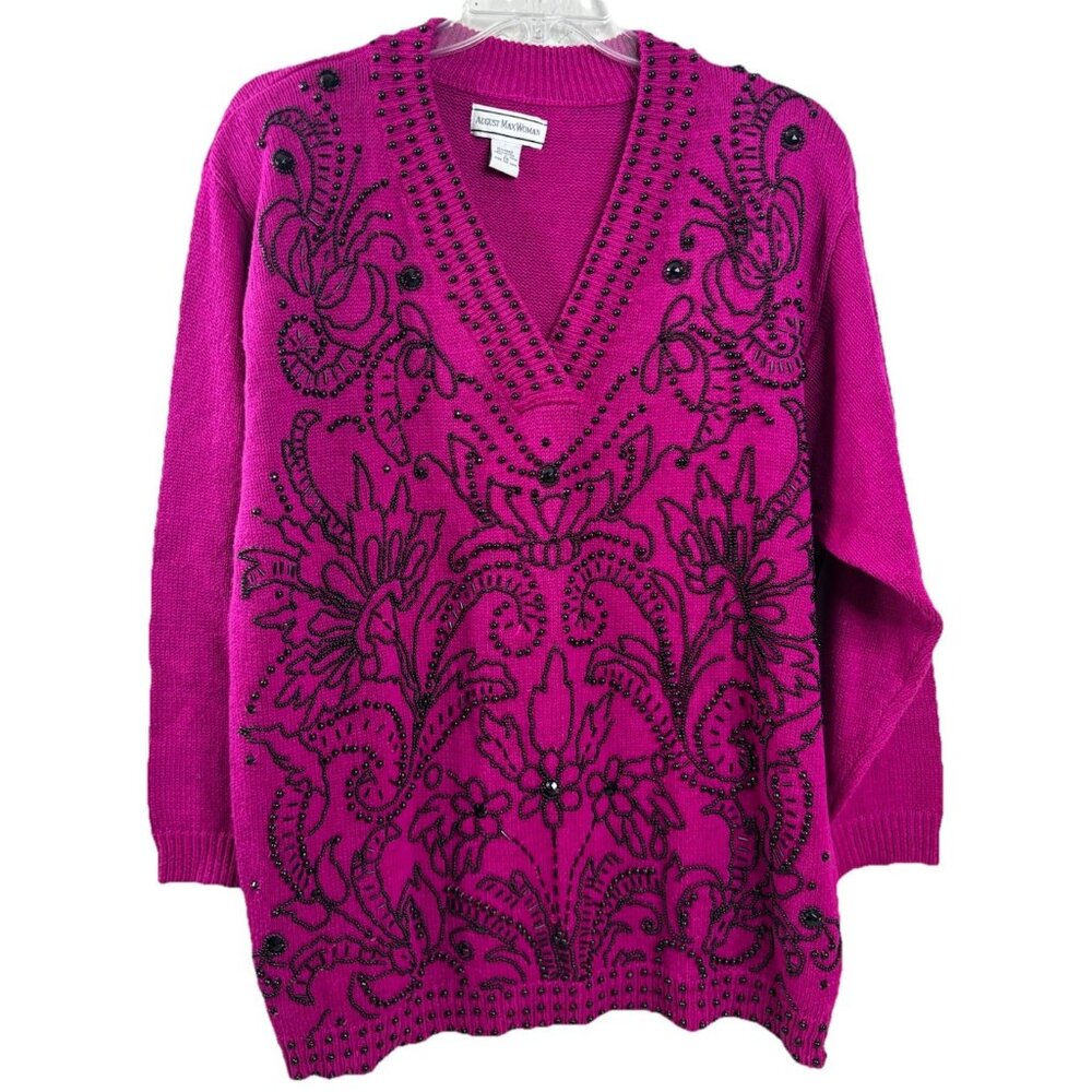 VTG August Max Woman 2X Plus Beaded Hot Pink V-Neck Sweater Ramie/Cotton GUC